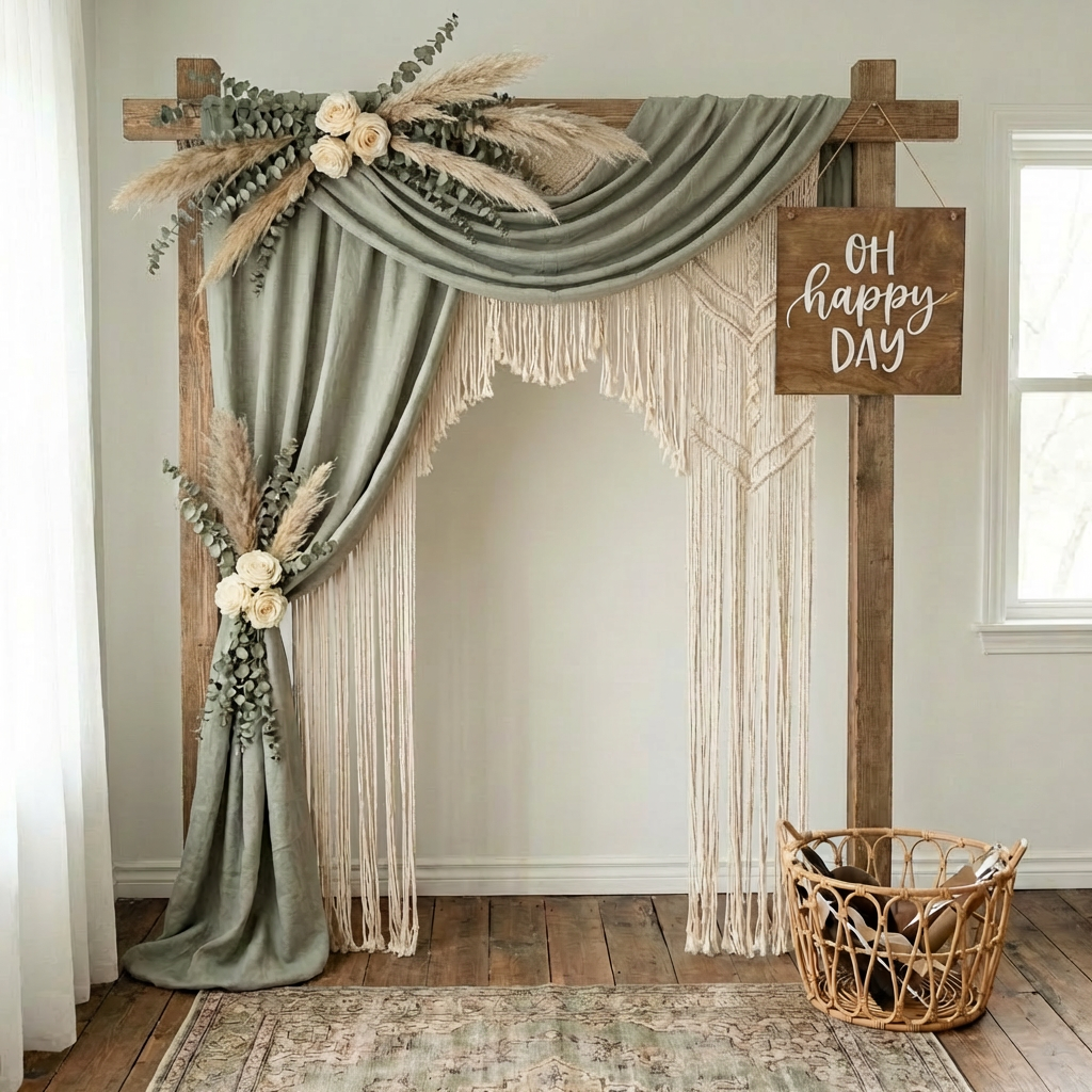 Bohemian macramé arch with eucalyptus, pampas grass, roses, and OH happy DAY text.